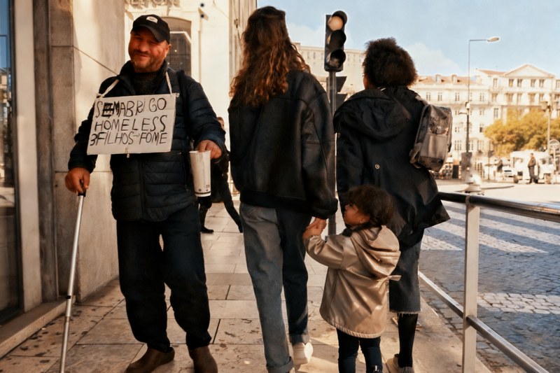 A man holding a cup and a handwritten sign stands beside passing adults and a child at a crossing.