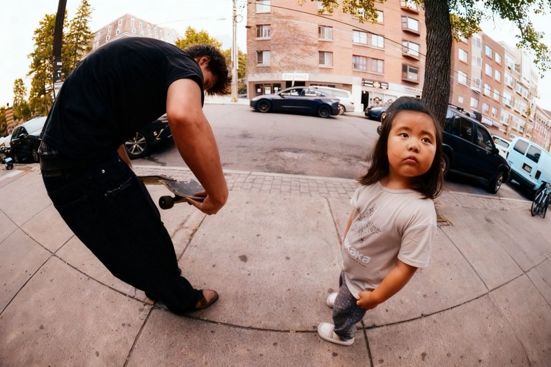 A child looks toward the camera while a person bends over a skateboard on the sidewalk.
